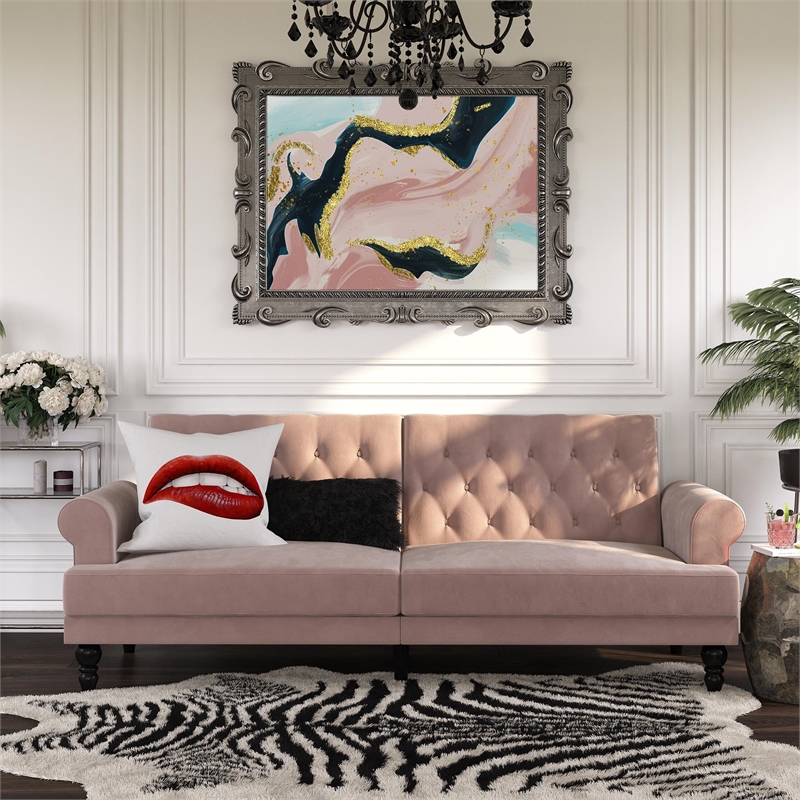 Pemberly Row Modern / Contemporary Upholstered Futon in Blush Velvet