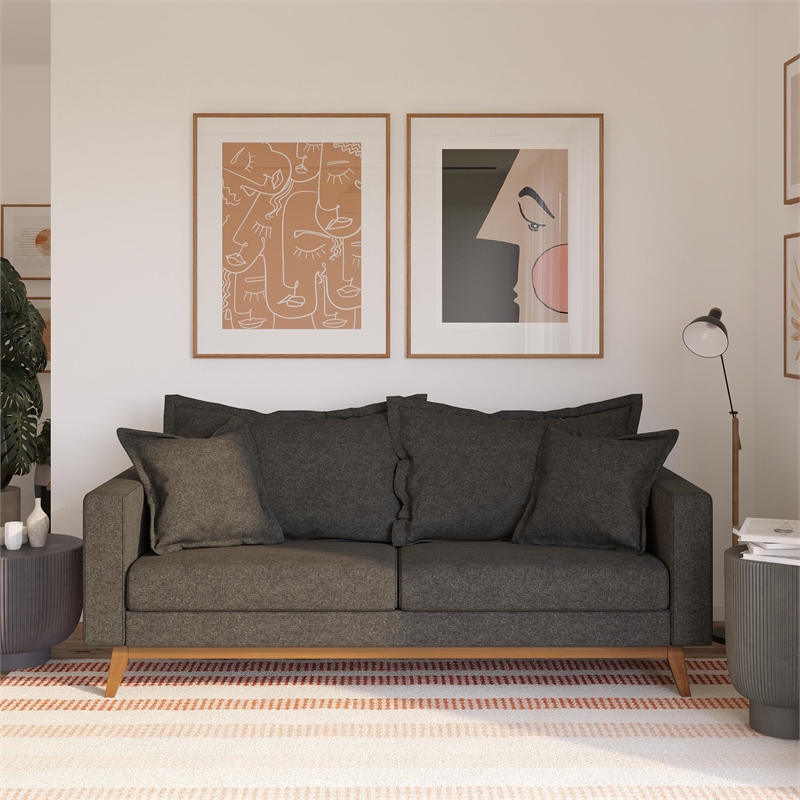 Pemberly Row Contemporary Pillowback Wood Stretcher Sofa Gray Linen