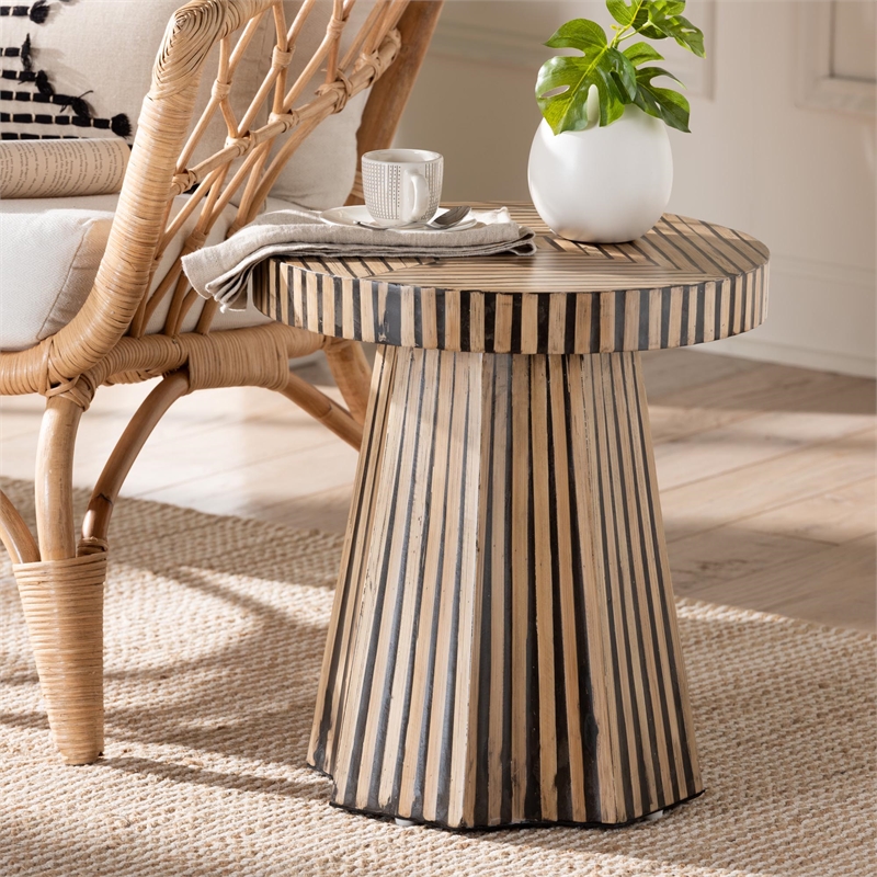 Pemberly Row Round Bamboo End Table in Natural and Dark Brown