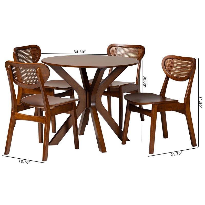Pemberly Row Contemporary 5-Piece Wood & Rattan Dining Set in Brown