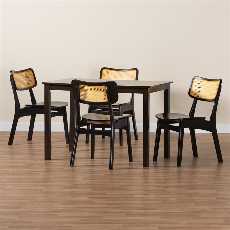 Pemberly Row Contemporary 5-Piece Wood & Rattan Dining Set in Brown