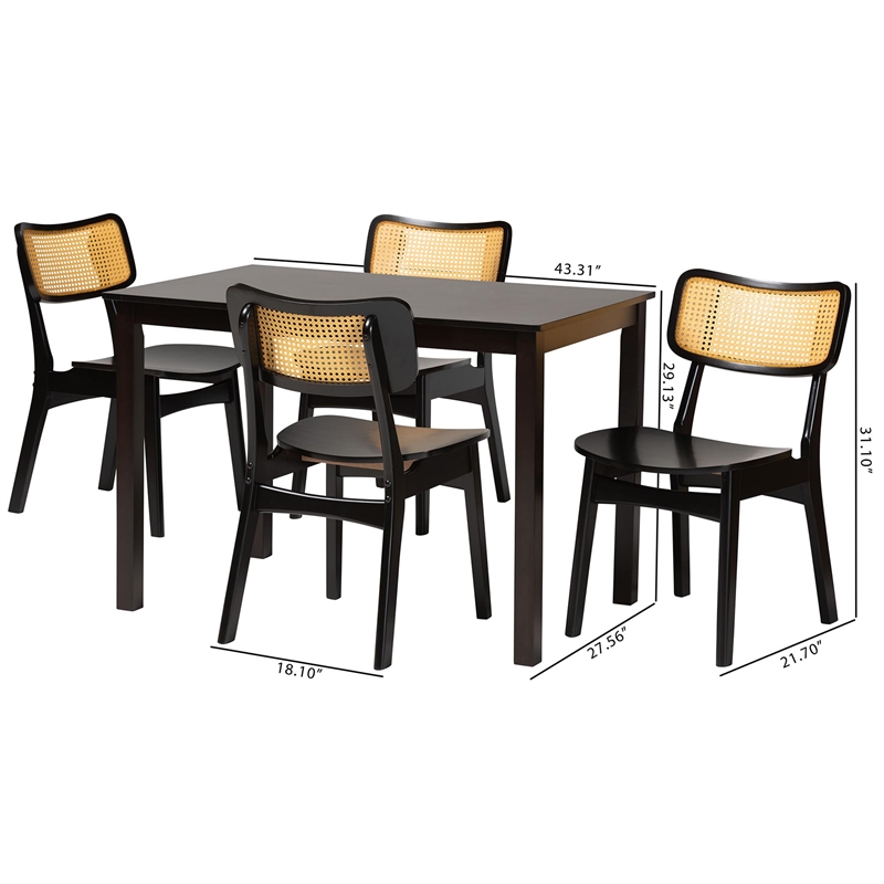Pemberly Row Contemporary 5-Piece Wood & Rattan Dining Set in Brown