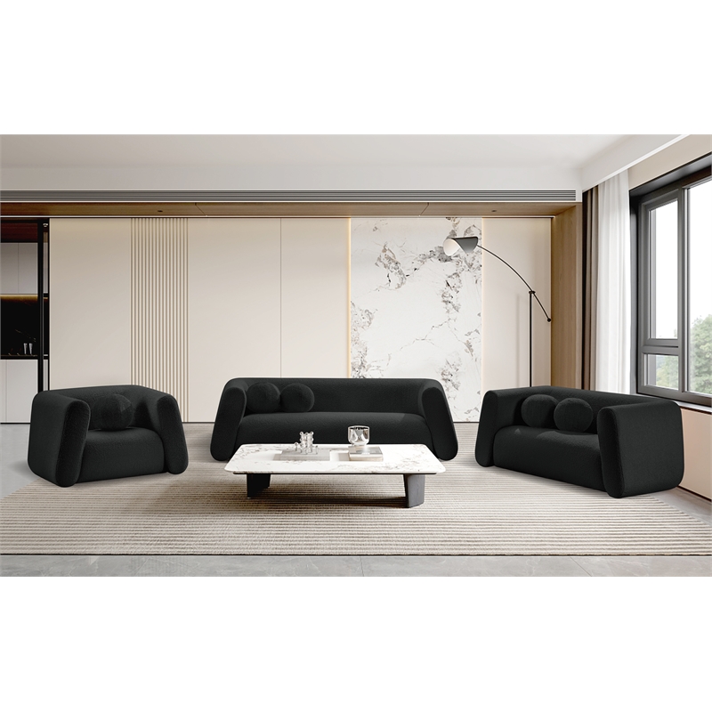 Pemberly Row Contemporary Boucle Fabric Chair with Ball Pillows in Rich Black