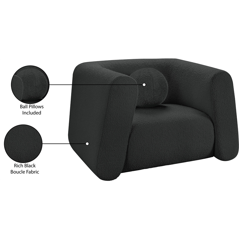 Pemberly Row Contemporary Boucle Fabric Chair with Ball Pillows in Rich Black