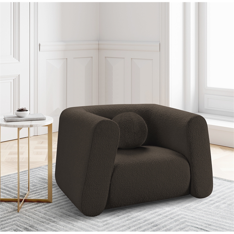 Pemberly Row Contemporary Boucle Fabric Chair with Ball Pillows in Rich Brown