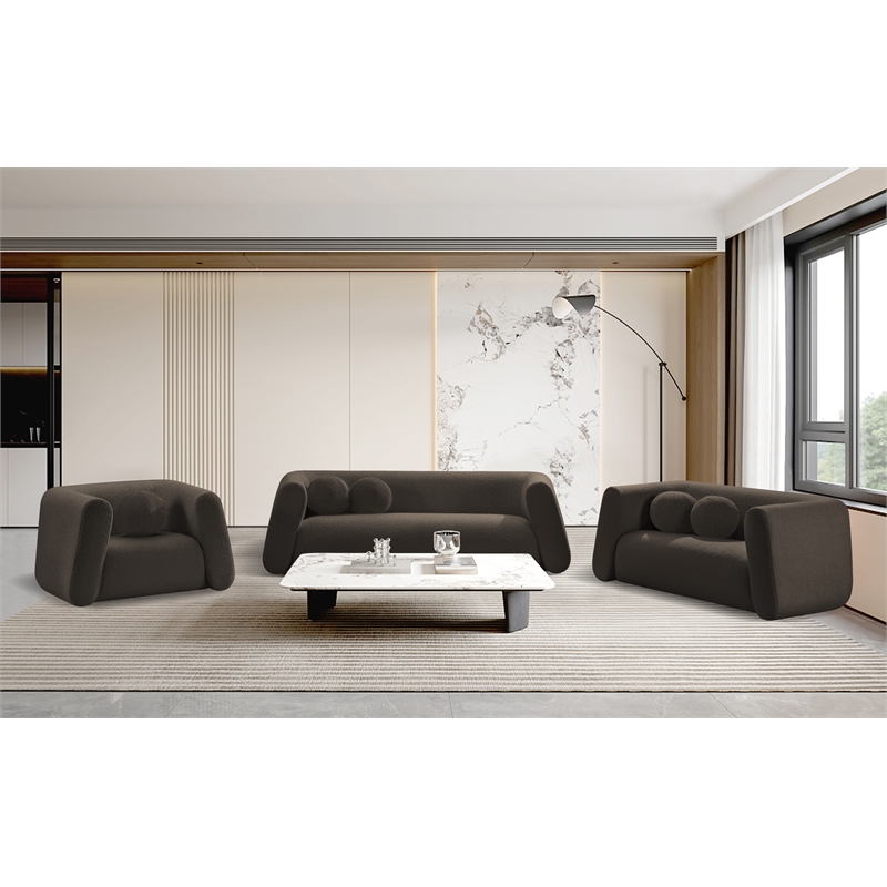 Pemberly Row Contemporary Boucle Fabric Chair with Ball Pillows in Rich Brown