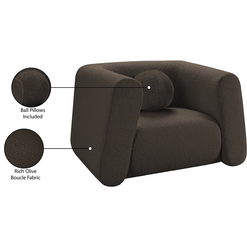 Pemberly Row Contemporary Boucle Fabric Chair with Ball Pillows in Rich Brown