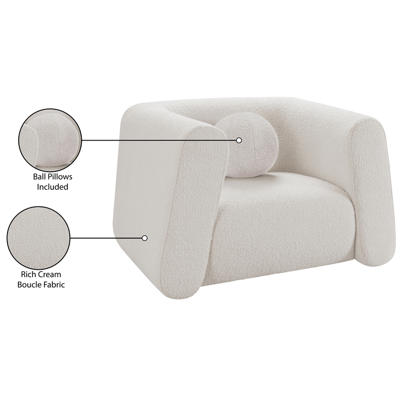 Pemberly Row Contemporary Boucle Fabric Chair with Ball Pillows in Rich Cream