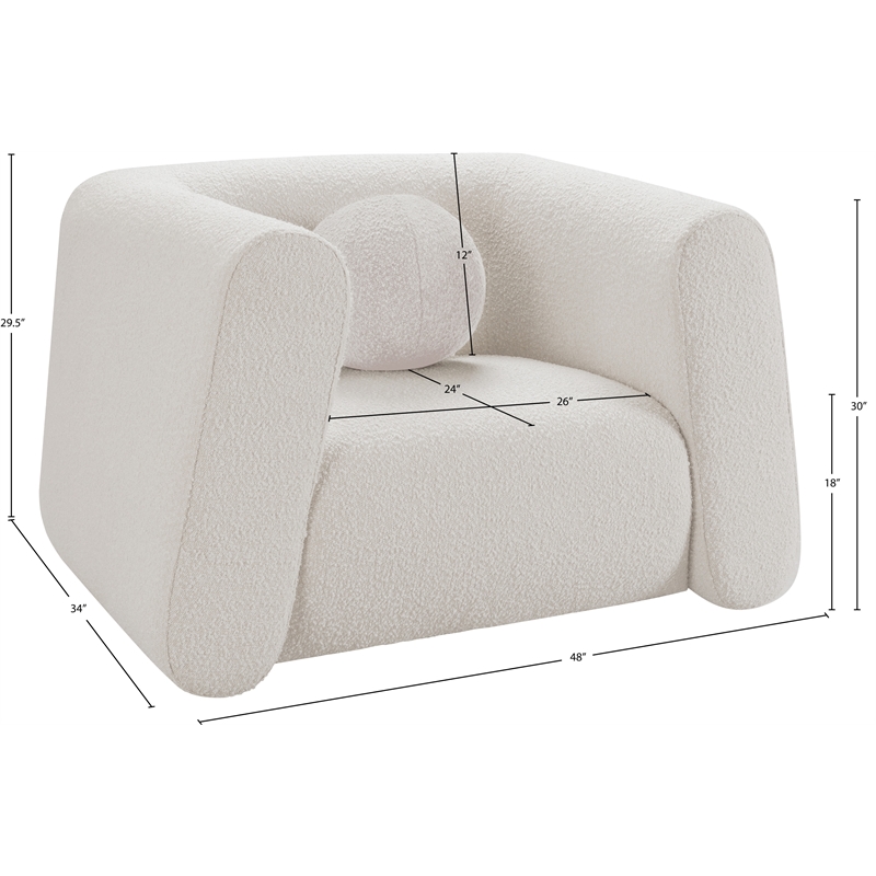 Pemberly Row Contemporary Boucle Fabric Chair with Ball Pillows in Rich Cream
