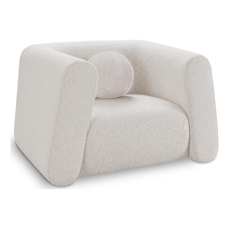 Pemberly Row Contemporary Boucle Fabric Chair with Ball Pillows in Rich Cream