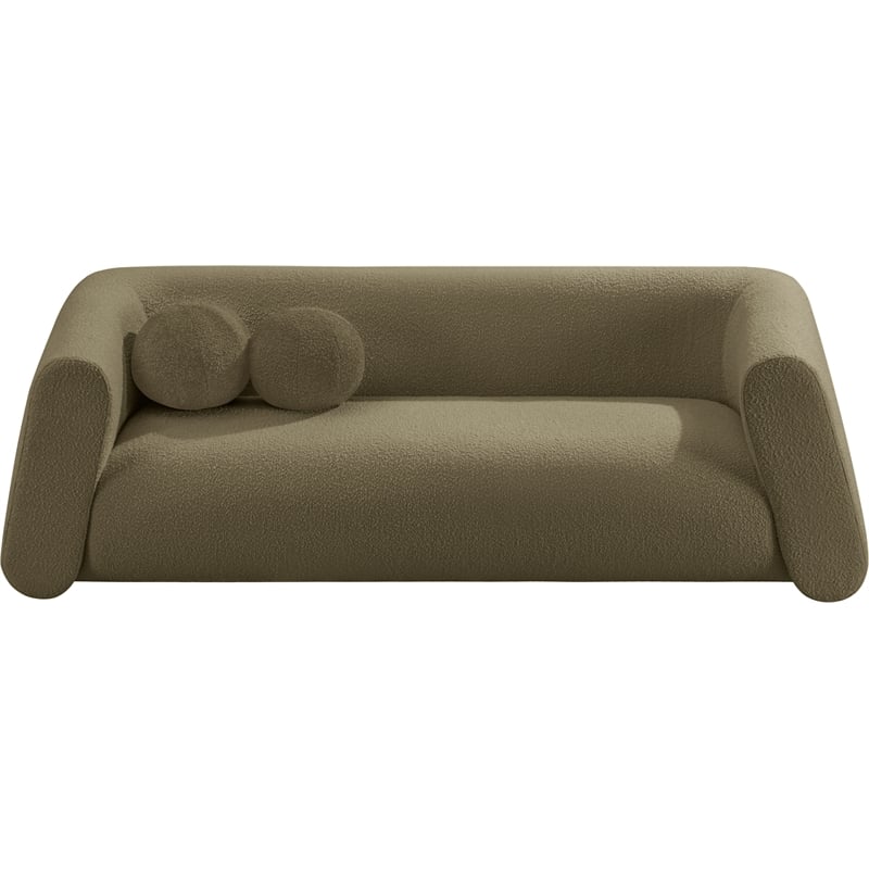 Pemberly Row Contemporary Boucle Fabric Sofa with Ball Pillow in Olive Green