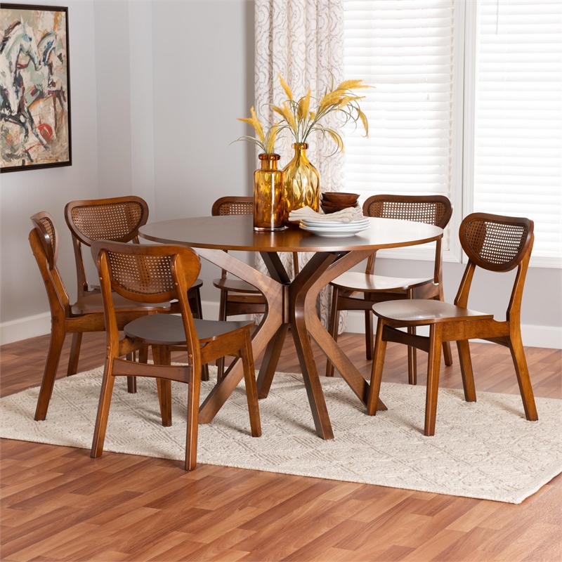 Pemberly Row Walnut Brown Wood and Woven Rattan 7-Piece Dining Set