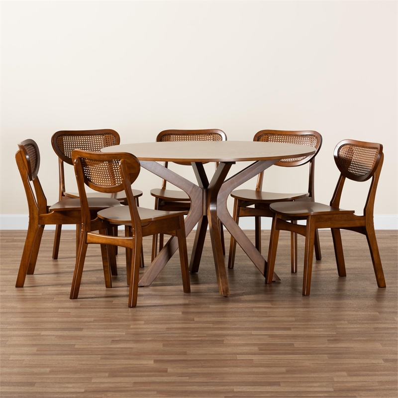 Pemberly Row Walnut Brown Wood and Woven Rattan 7-Piece Dining Set