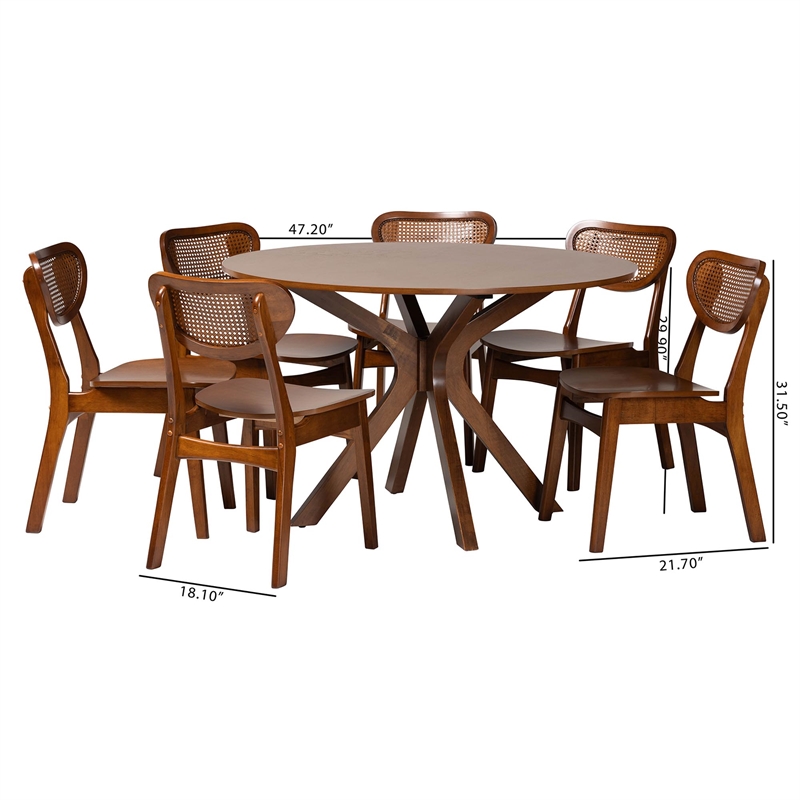 Pemberly Row Walnut Brown Wood and Woven Rattan 7-Piece Dining Set