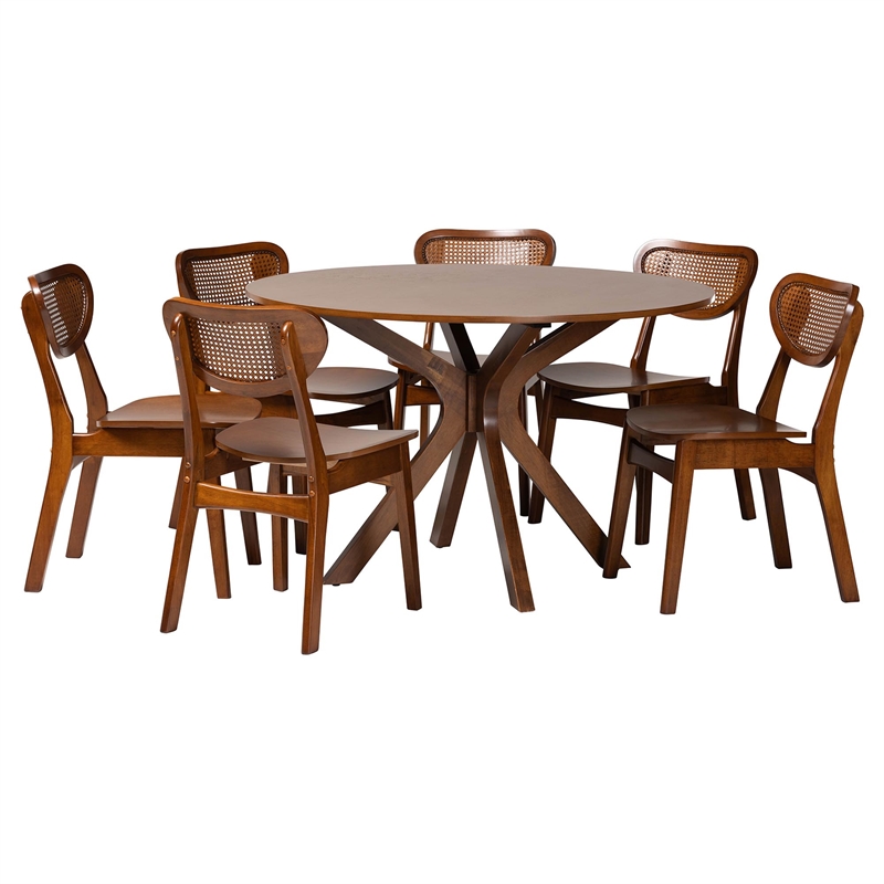 Pemberly Row Walnut Brown Wood and Woven Rattan 7-Piece Dining Set