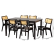 Pemberly Row Dark Brown Finished Wood and Rattan 7-Piece Dining Set