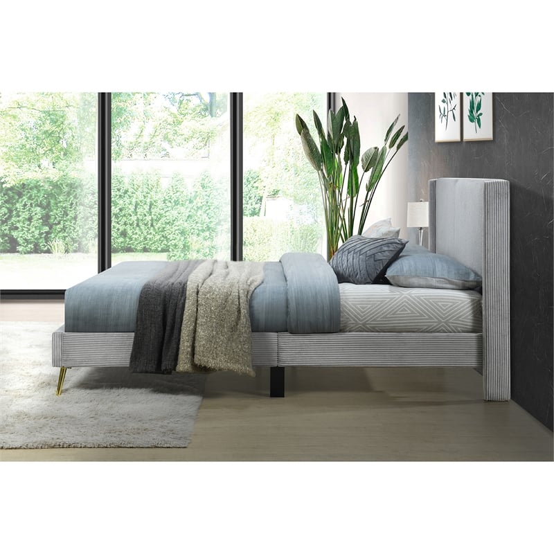 Pemberly Row Contemporary Solid Wood & Velvet Platform Queen Bed in Gray