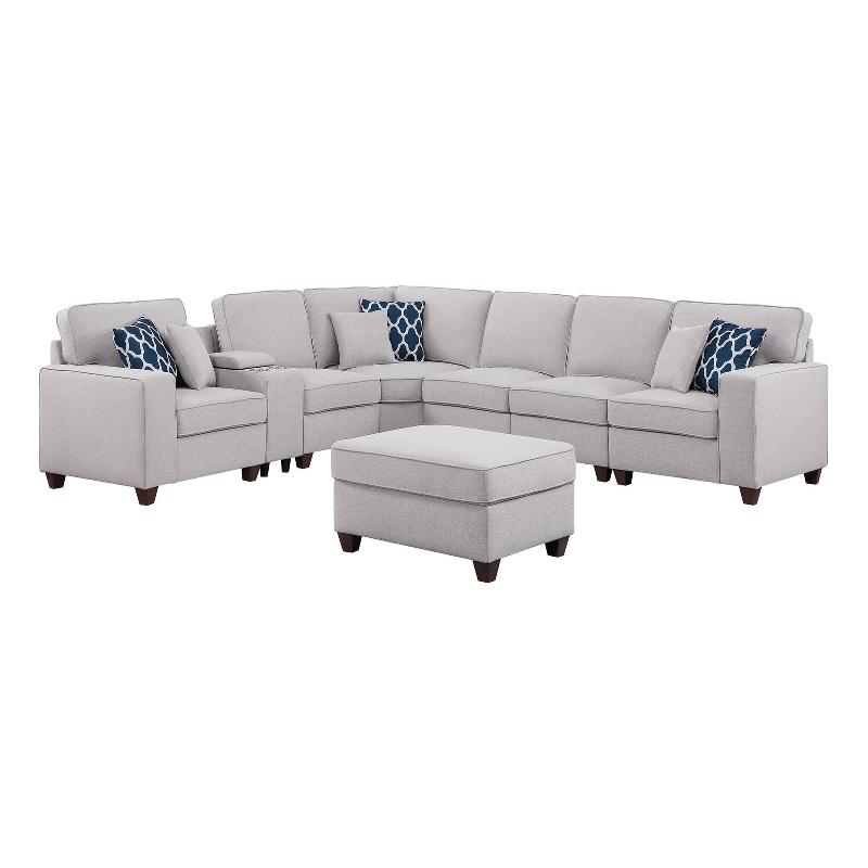 Pemberly Row 8-Pcs Fabric Upholstered Sectional w/ Console & Ottoman-Light Gray