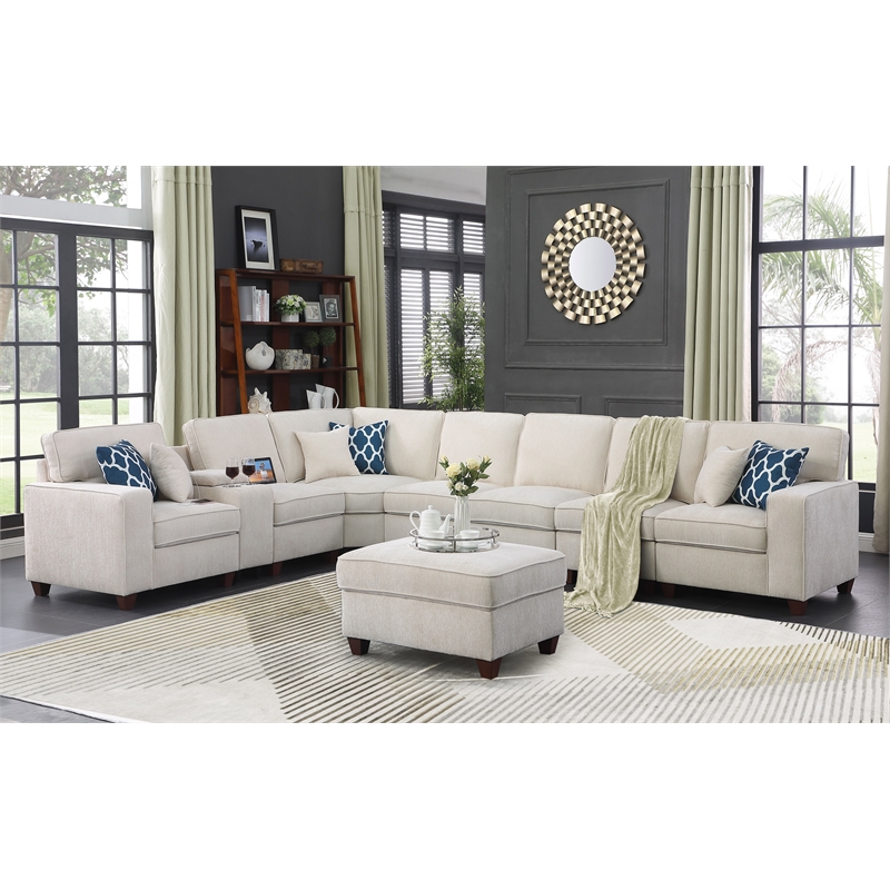 Pemberly Row 9-Piece Fabric Upholstered Sectional With Console & Ottoman-Beige