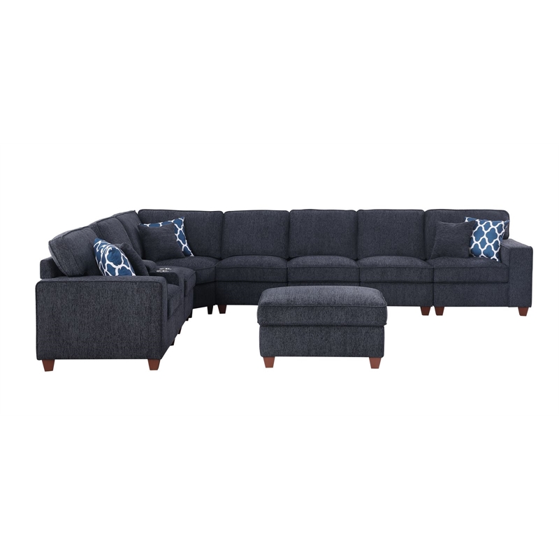 Pemberly Row 9-Piece Fabric Upholstered Sectional With Console & Ottoman-Black