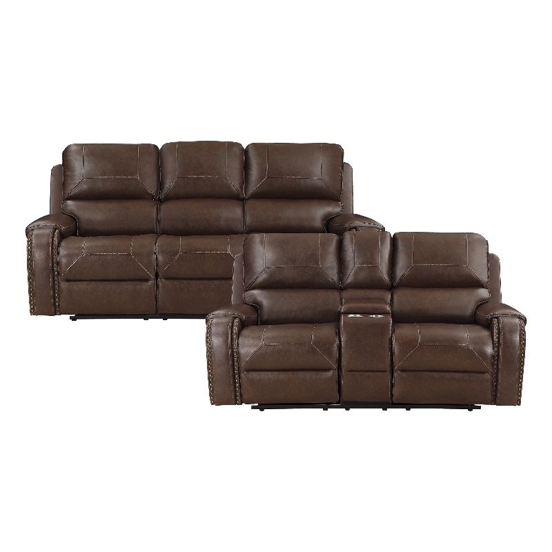Pemberley Row Faux Leather Brown Reclining Sofa Set Rectangular Nailhead Trim 87