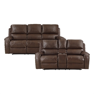 Pemberley Row Faux Leather Brown Reclining Sofa Set Rectangular Nailhead Trim 87&quot Unassembled