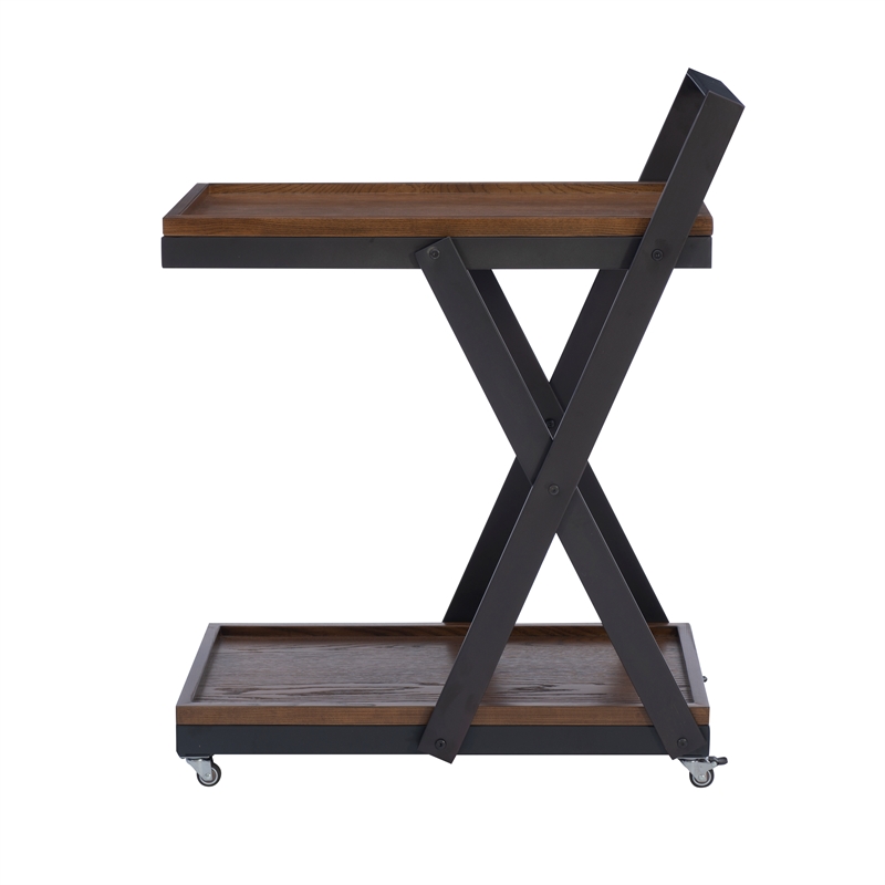 Pemberly Row Dark Rustic Wood 2 Level Rolling Bar Cart with Metal Frame in Black
