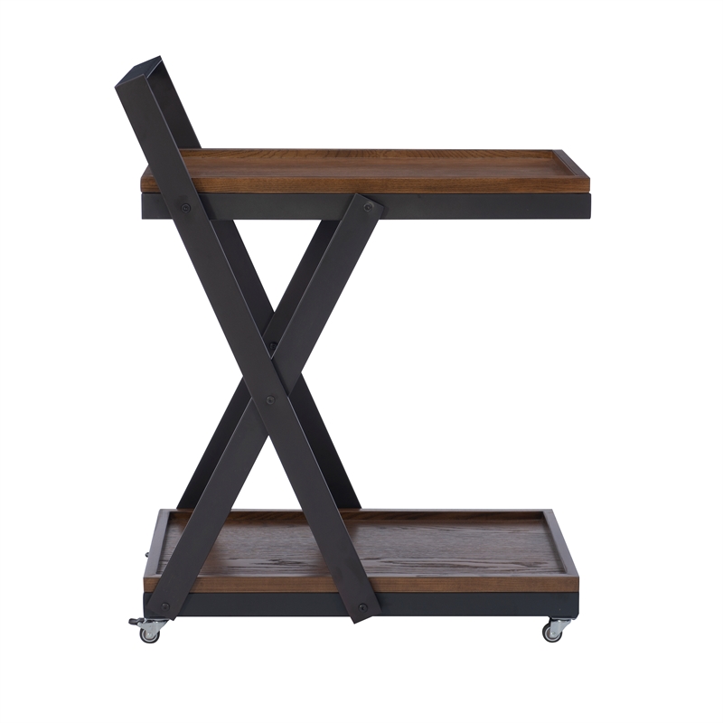 Pemberly Row Dark Rustic Wood 2 Level Rolling Bar Cart with Metal Frame in Black