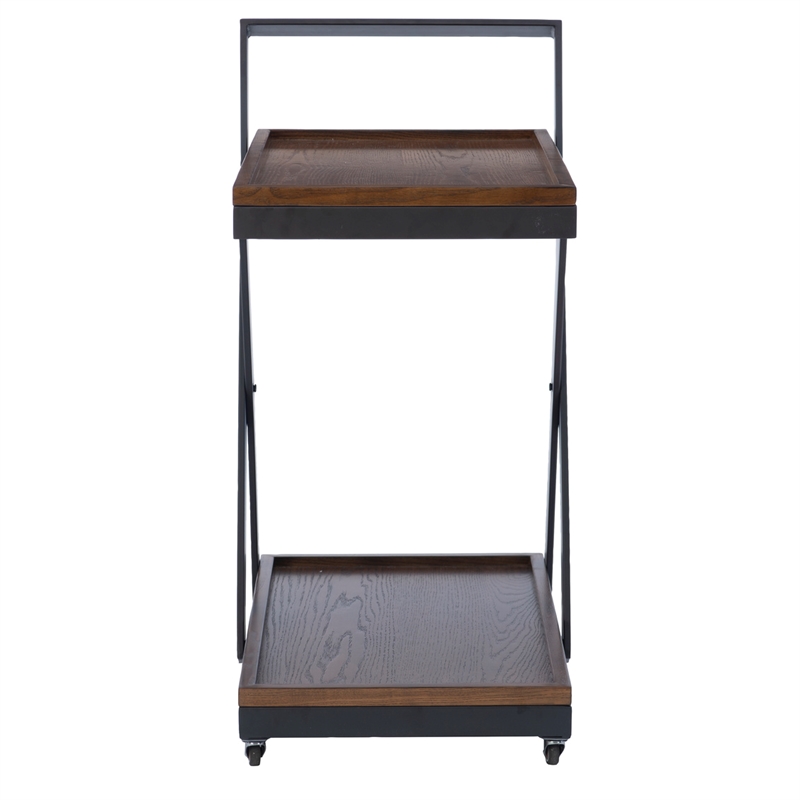 Pemberly Row Dark Rustic Wood 2 Level Rolling Bar Cart with Metal Frame in Black