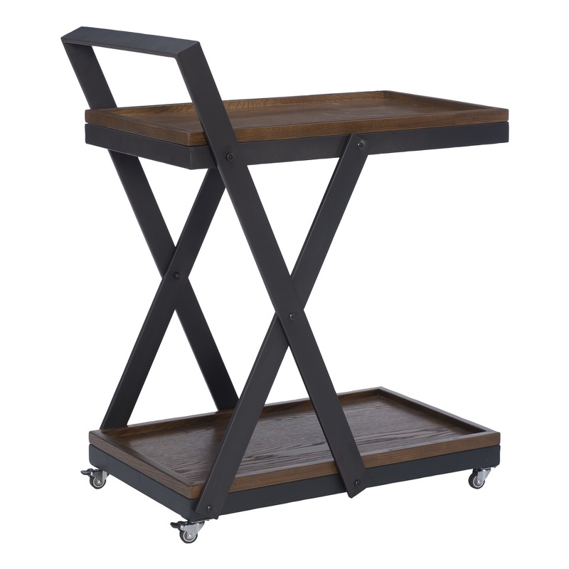 Pemberly Row Dark Rustic Wood 2 Level Rolling Bar Cart with Metal Frame in Black
