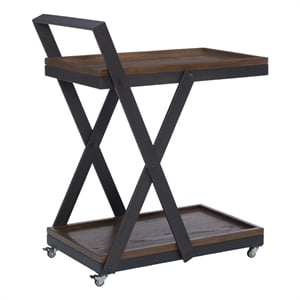 Pemberly Row Dark Rustic Wood 2 Level Rolling Bar Cart with Metal Frame in Black