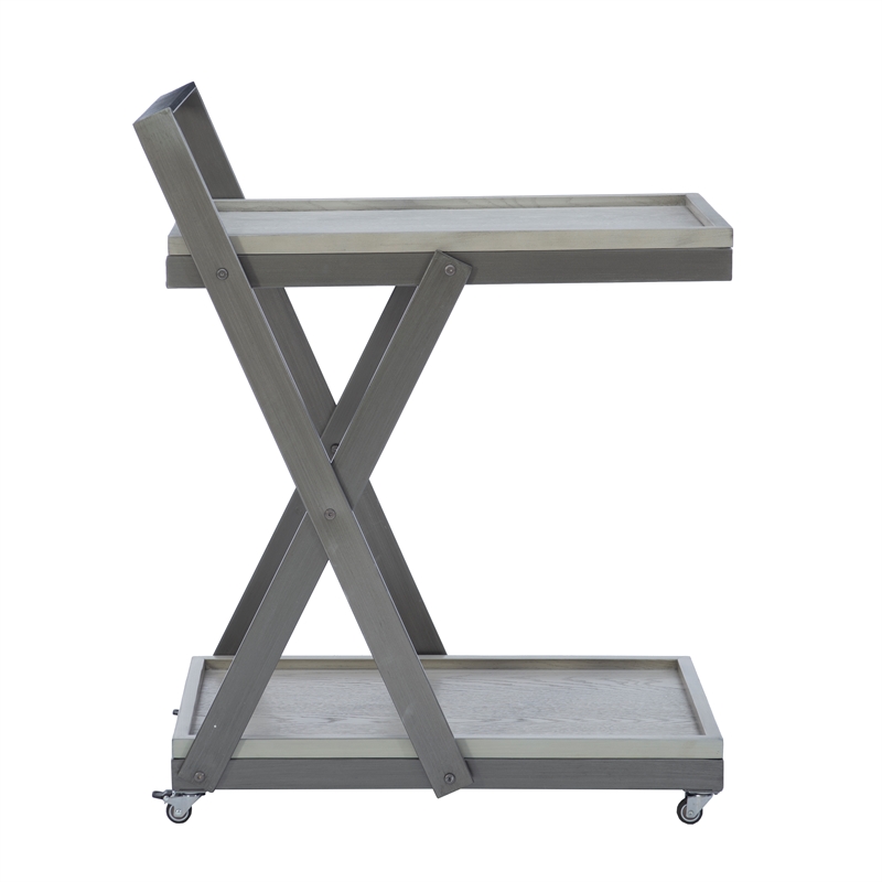Pemberly Row Antique White Wood 2 Level Rolling Bar Cart Metal Frame in Pewter
