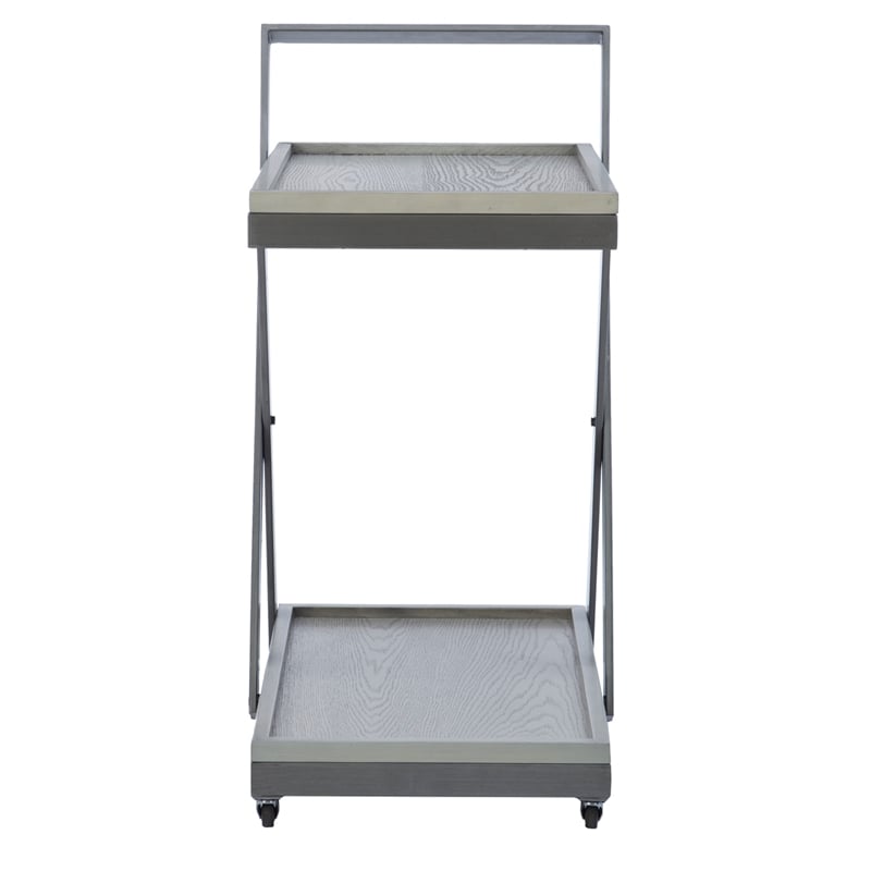 Pemberly Row Antique White Wood 2 Level Rolling Bar Cart Metal Frame in Pewter