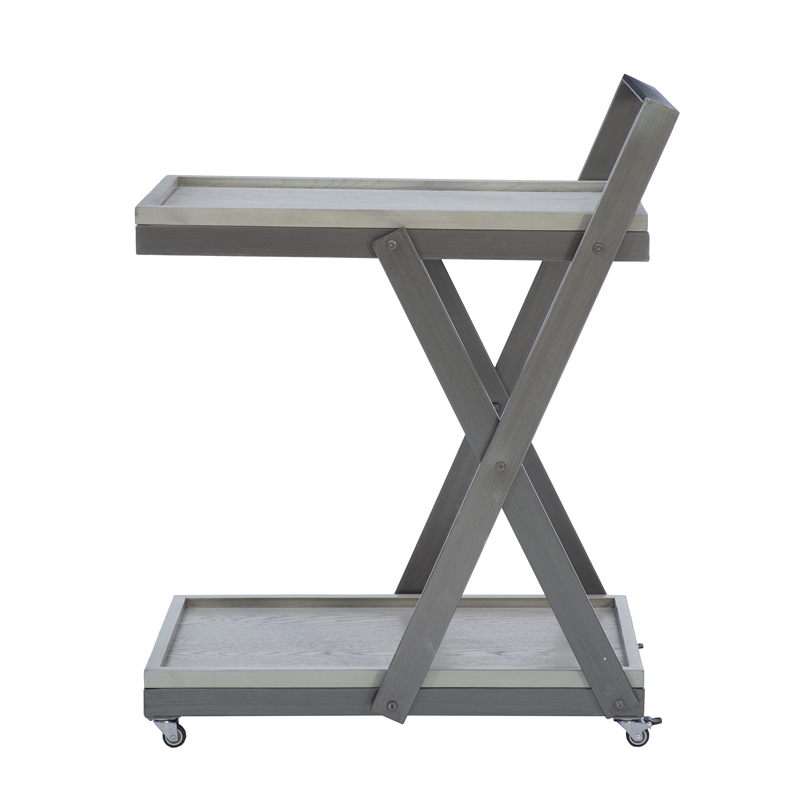 Pemberly Row Antique White Wood 2 Level Rolling Bar Cart Metal Frame in Pewter