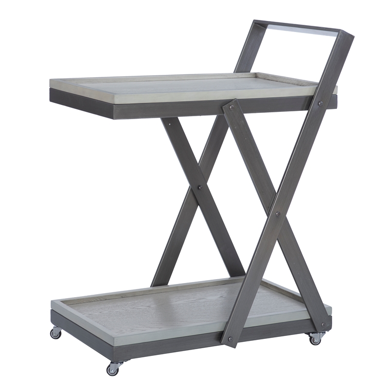 Pemberly Row Antique White Wood 2 Level Rolling Bar Cart Metal Frame in Pewter