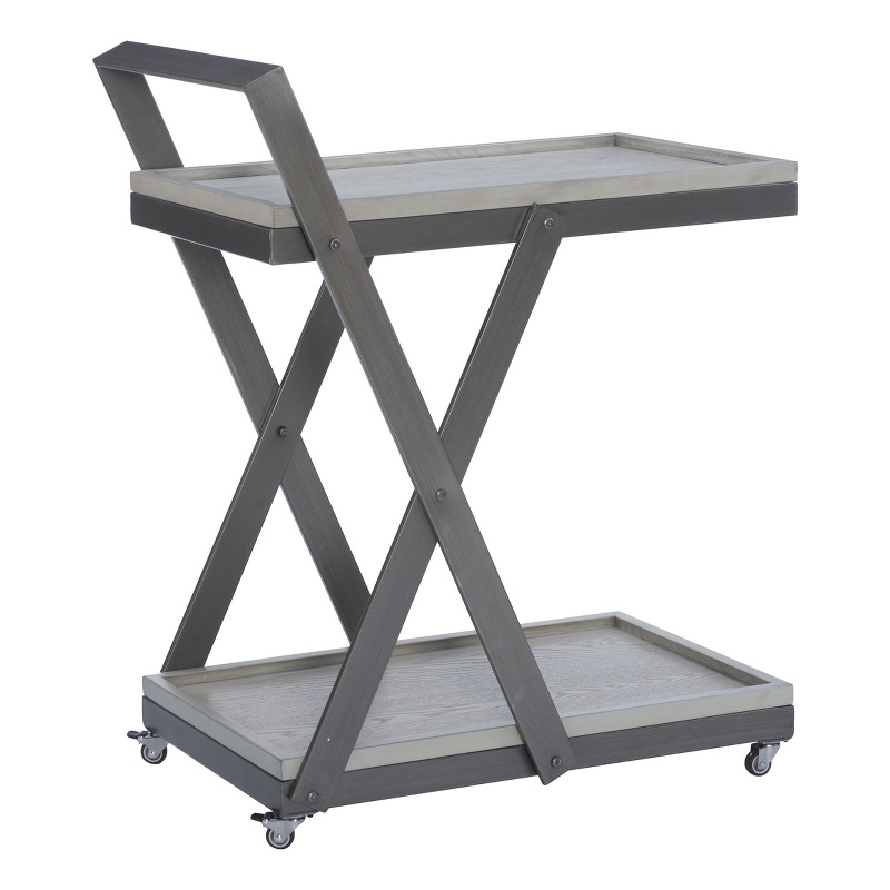 Pemberly Row Antique White Wood 2 Level Rolling Bar Cart Metal Frame in Pewter