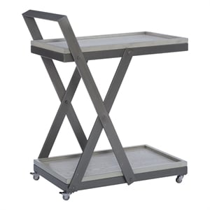 Pemberly Row Antique White Wood 2 Level Rolling Bar Cart Metal Frame in Pewter