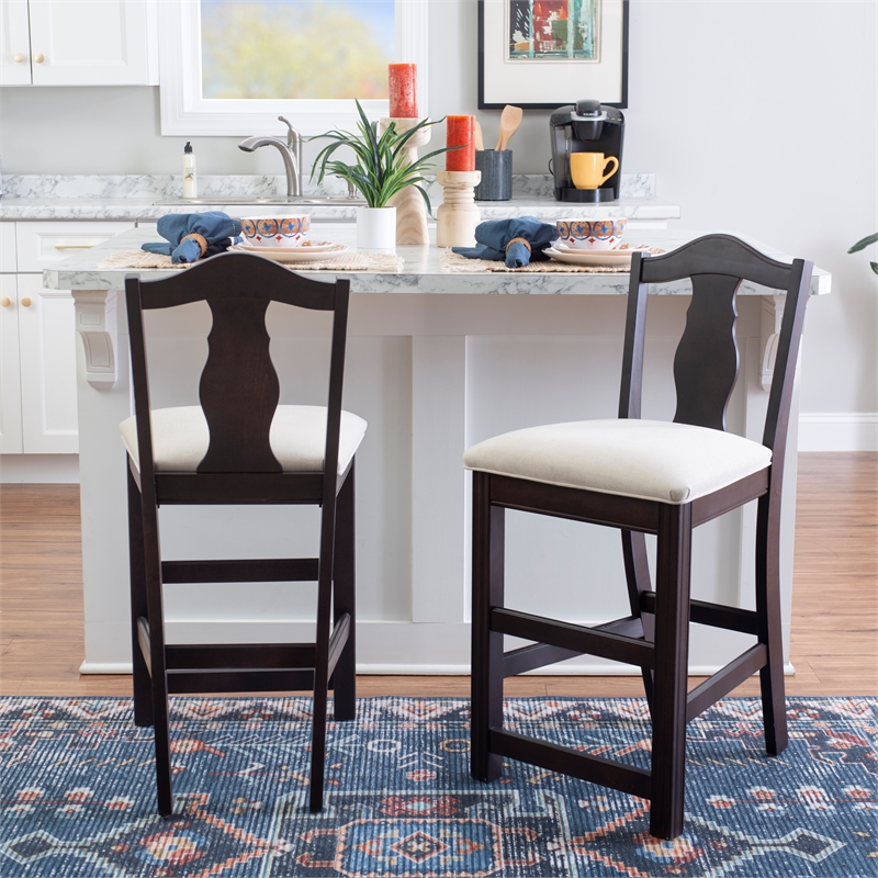 Pemberly Row Beechwood Set of 2 Splat Back Upholstered Counter Stool in Dk Brown