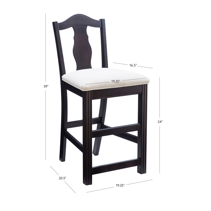 Pemberly Row Beechwood Set of 2 Splat Back Upholstered Counter Stool in Dk Brown