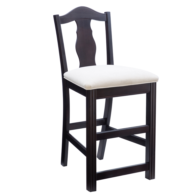 Pemberly Row Beechwood Set of 2 Splat Back Upholstered Counter Stool in Dk Brown
