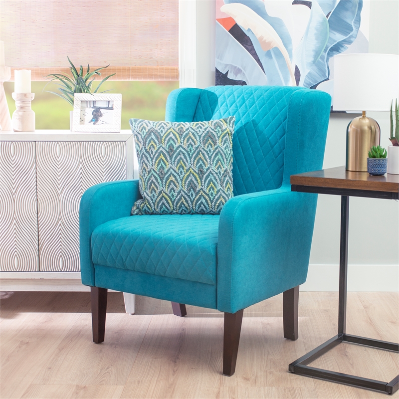 Pemberly Row Upholstered Wingback Accent Chair with Quilted Back & Seat in Teal
