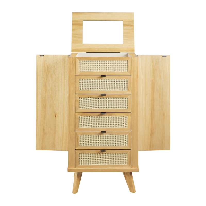 Pemberly Row 5-Drawer Wood & Cane Jewelry Armoire with Flip Top in Natural Brown