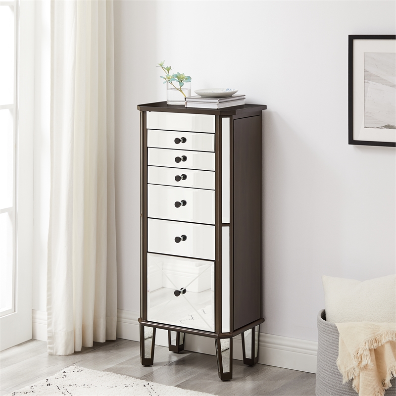 Pemberly Row 6-Drawer Wood Jewelry Armoire with Flip Top in Walnut Brown/Cream
