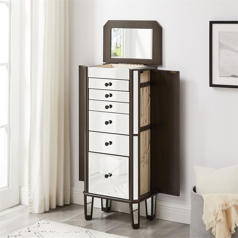 Pemberly Row 6-Drawer Wood Jewelry Armoire with Flip Top in Walnut Brown/Cream
