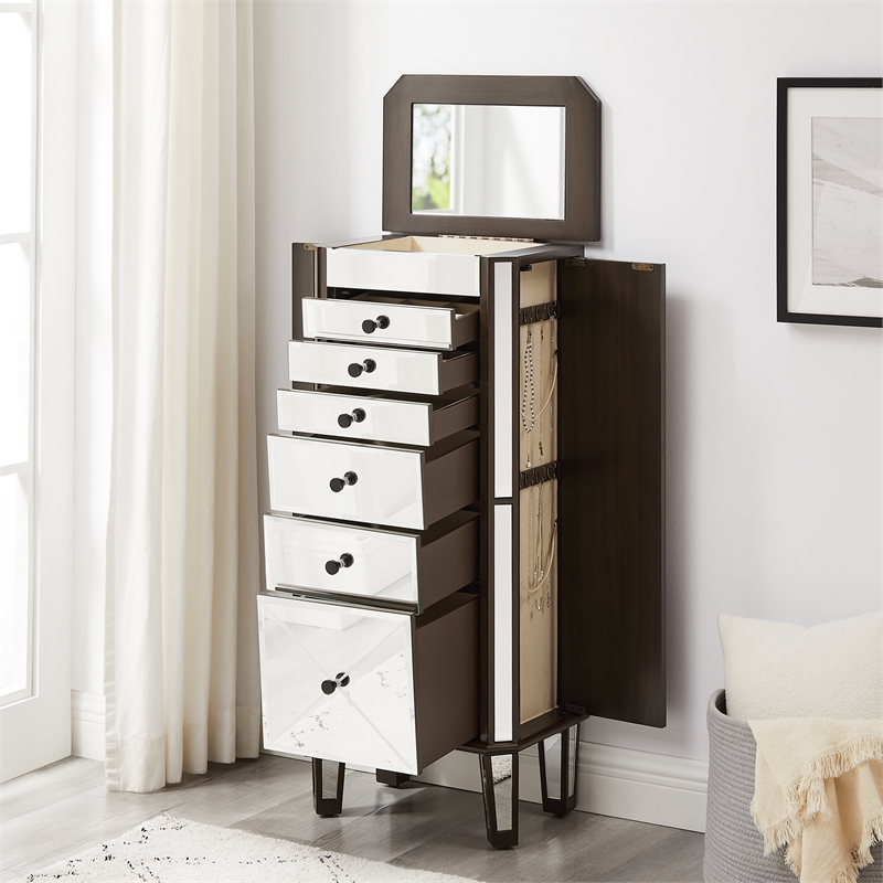 Pemberly Row 6-Drawer Wood Jewelry Armoire with Flip Top in Walnut Brown/Cream
