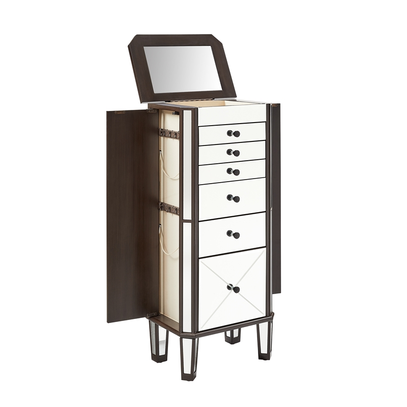 Pemberly Row 6-Drawer Wood Jewelry Armoire with Flip Top in Walnut Brown/Cream