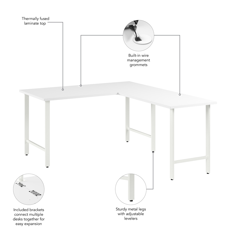 Pemberly Row 60W L Shaped Computer Desk w/ Metal Legs in White - Engineered Wood