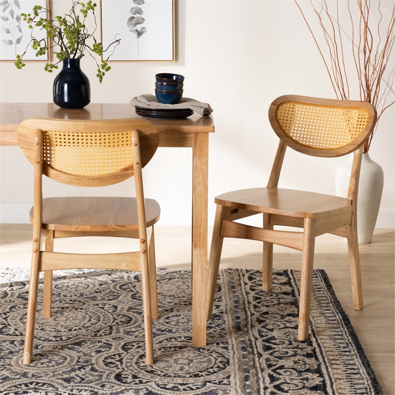 Pemberly Row Oak Brown Finished Wood and Rattan 2-Piece Dining Chair Set