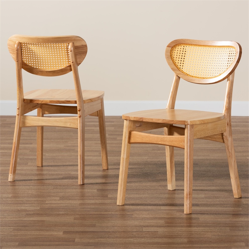 Pemberly Row Oak Brown Finished Wood and Rattan 2-Piece Dining Chair Set