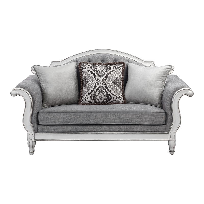 Pemberly Row Tufted Fabric Loveseat w/ 3 Pillows in Gray/Antique White